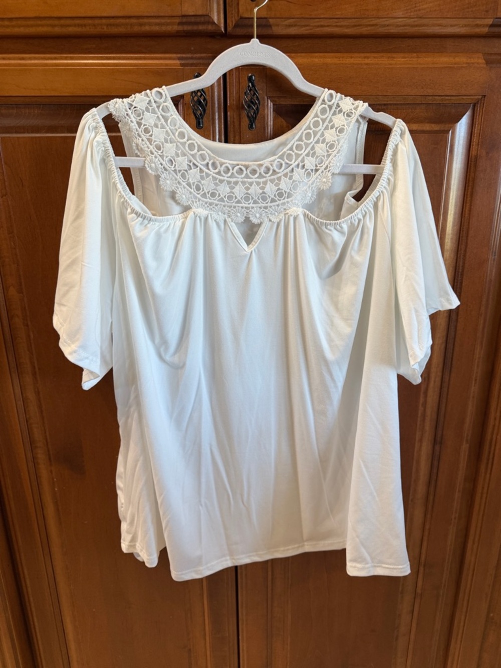 SHEIN Cream Crochet Yoke Cold-Shoulder Blouse